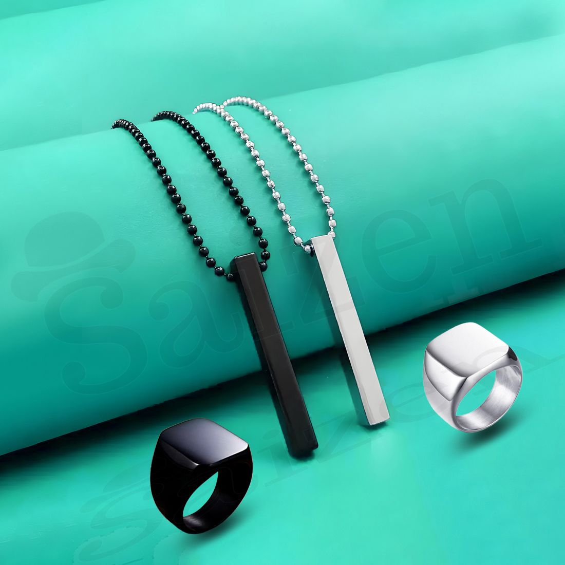 Stylish Silver- Black 3D Vertical Bar pendant Locket with finger ring set Black Silver Stainless Steel Pendant Set-image-23