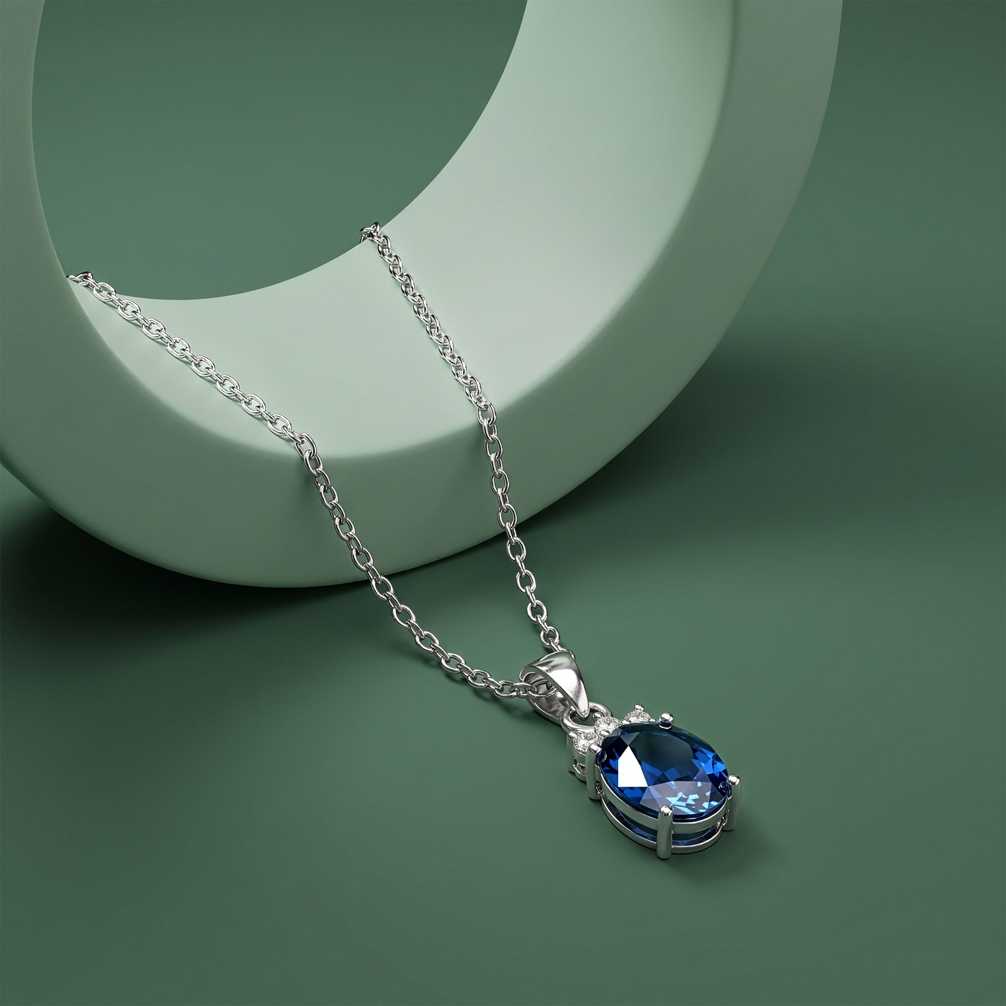 925 Silver Pretty Glow Pendant With Link Chain Rhodium Sapphire, Cubic Zirconia Silver-image-3