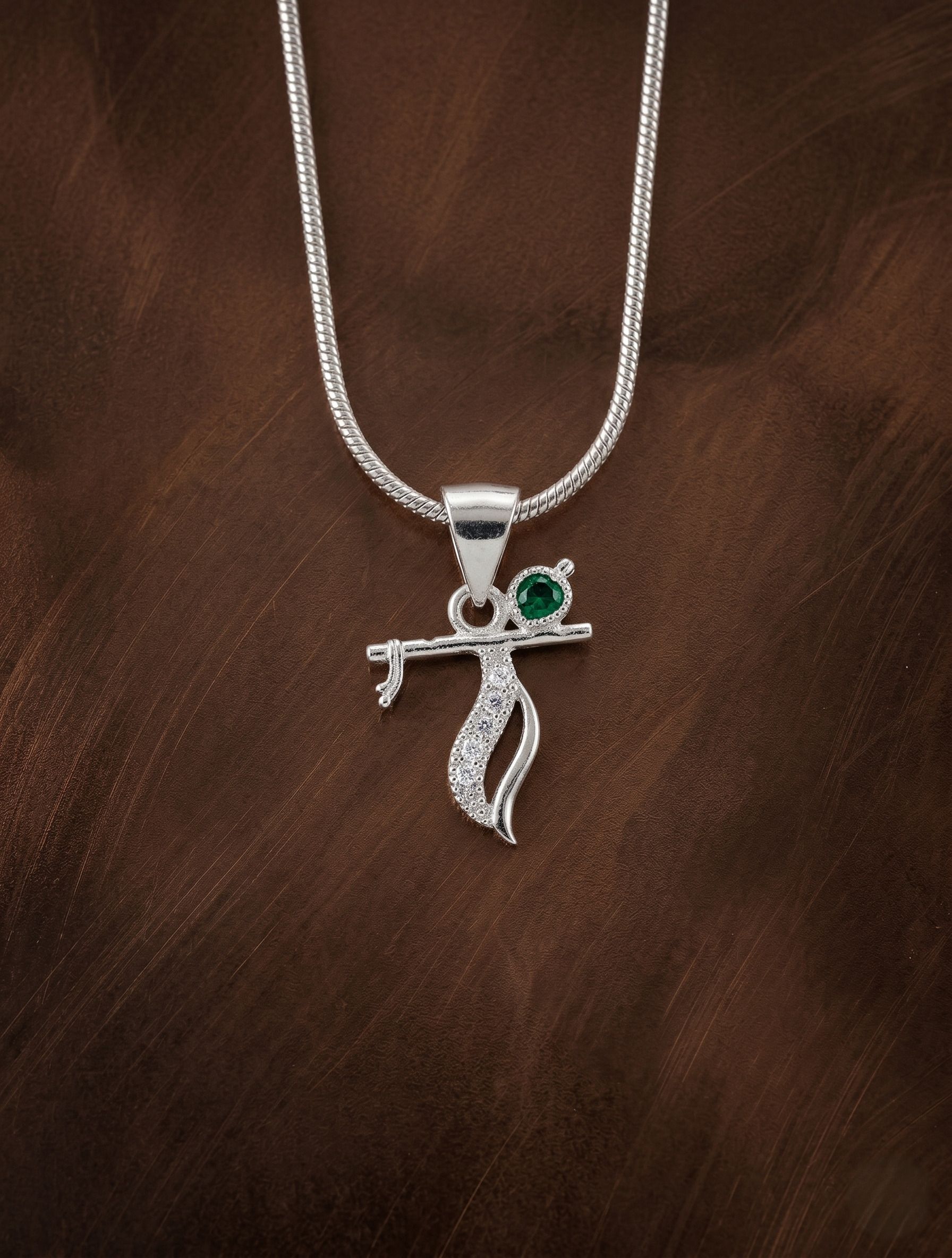 Silver Krishna Flute Pendant with Green Stone & CZ Diamond Design Chain Opal Sterling Silver Pendant-image-24