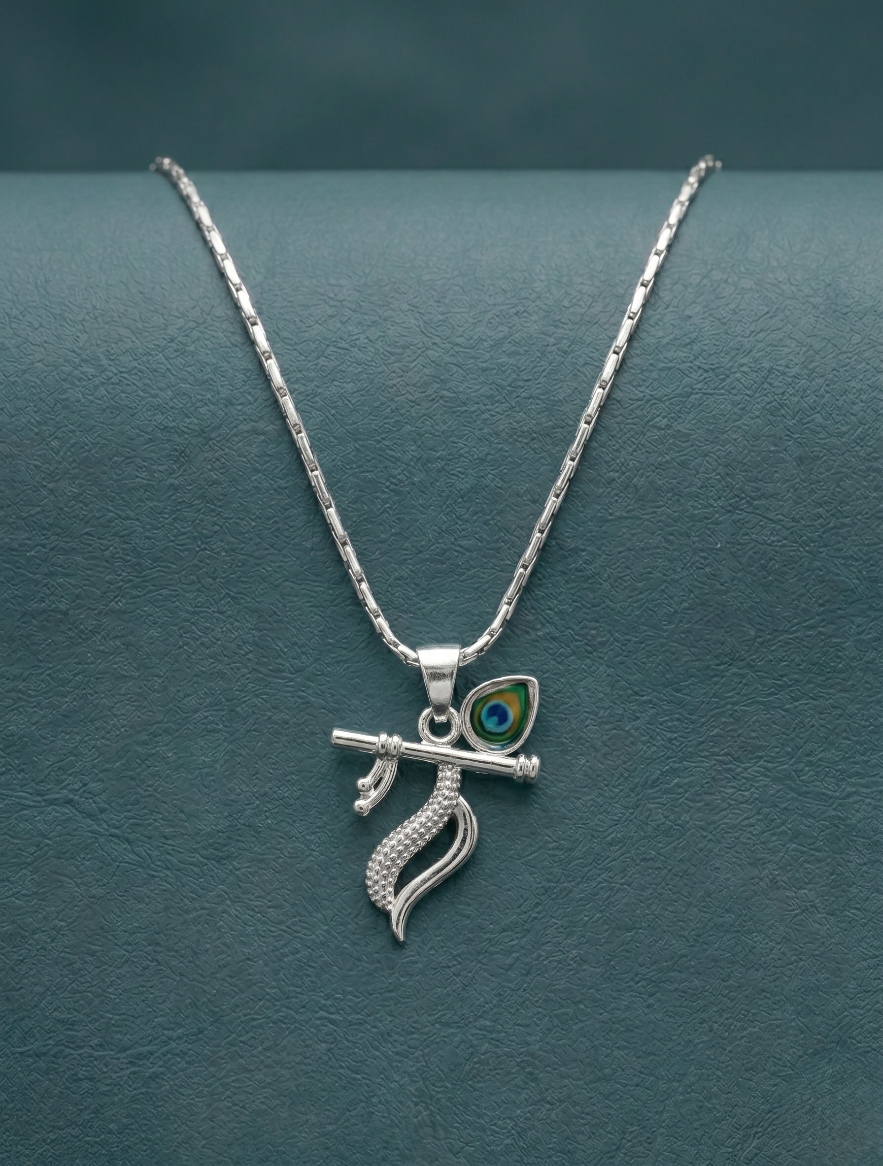 Trivault Silver-Plated Lord Krishna Flute & Peacock Feather Pendant with Chain Opal Sterling Silver Pendant-image-23
