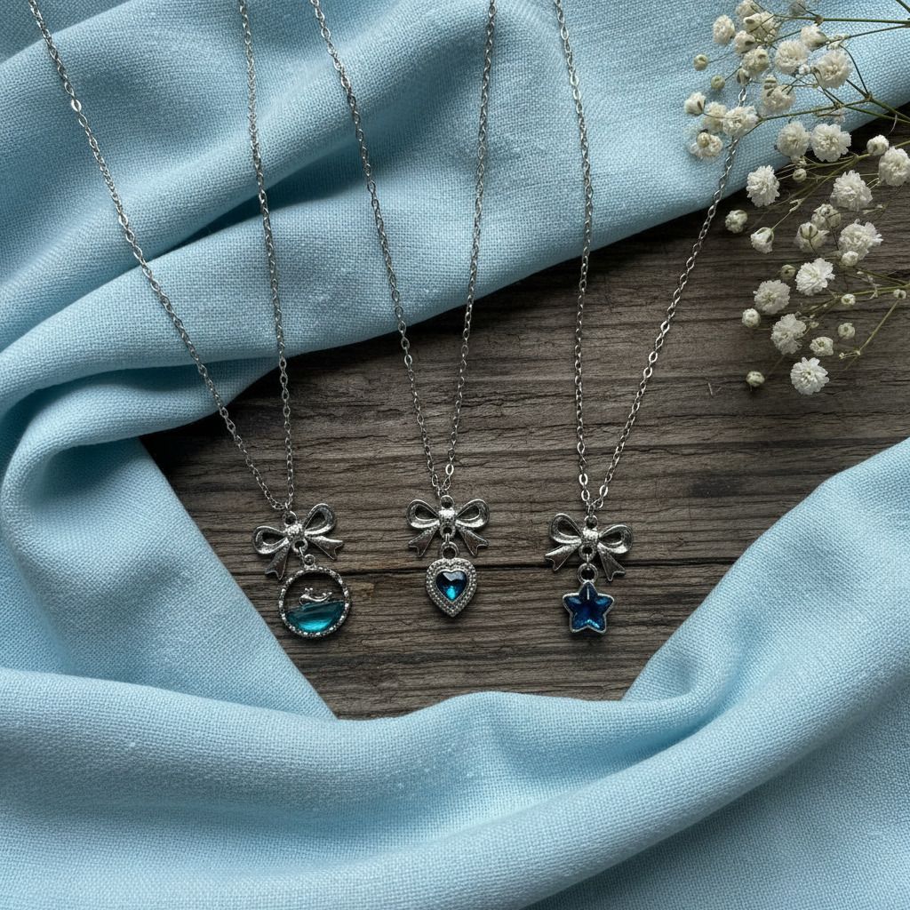 Silver Bow with Blue crystal Dolphin, Bezel Heart & Star Pendant Silver Cubic Zirconia Silver Pendant Set-image-38