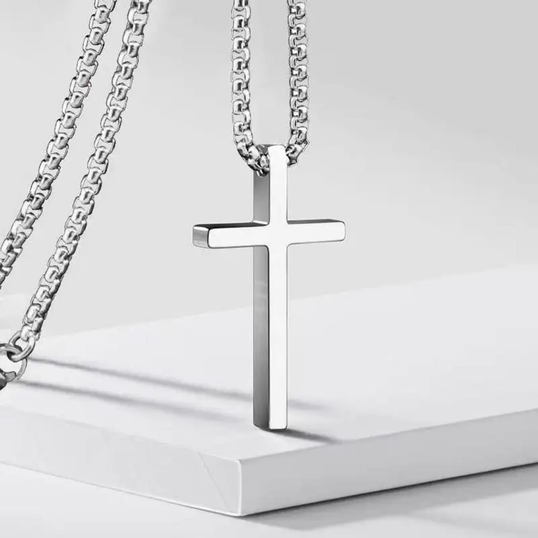 Necklace silver prayer cross pendent chain for men women stainless steel Silver Silver Locket Set-image-2