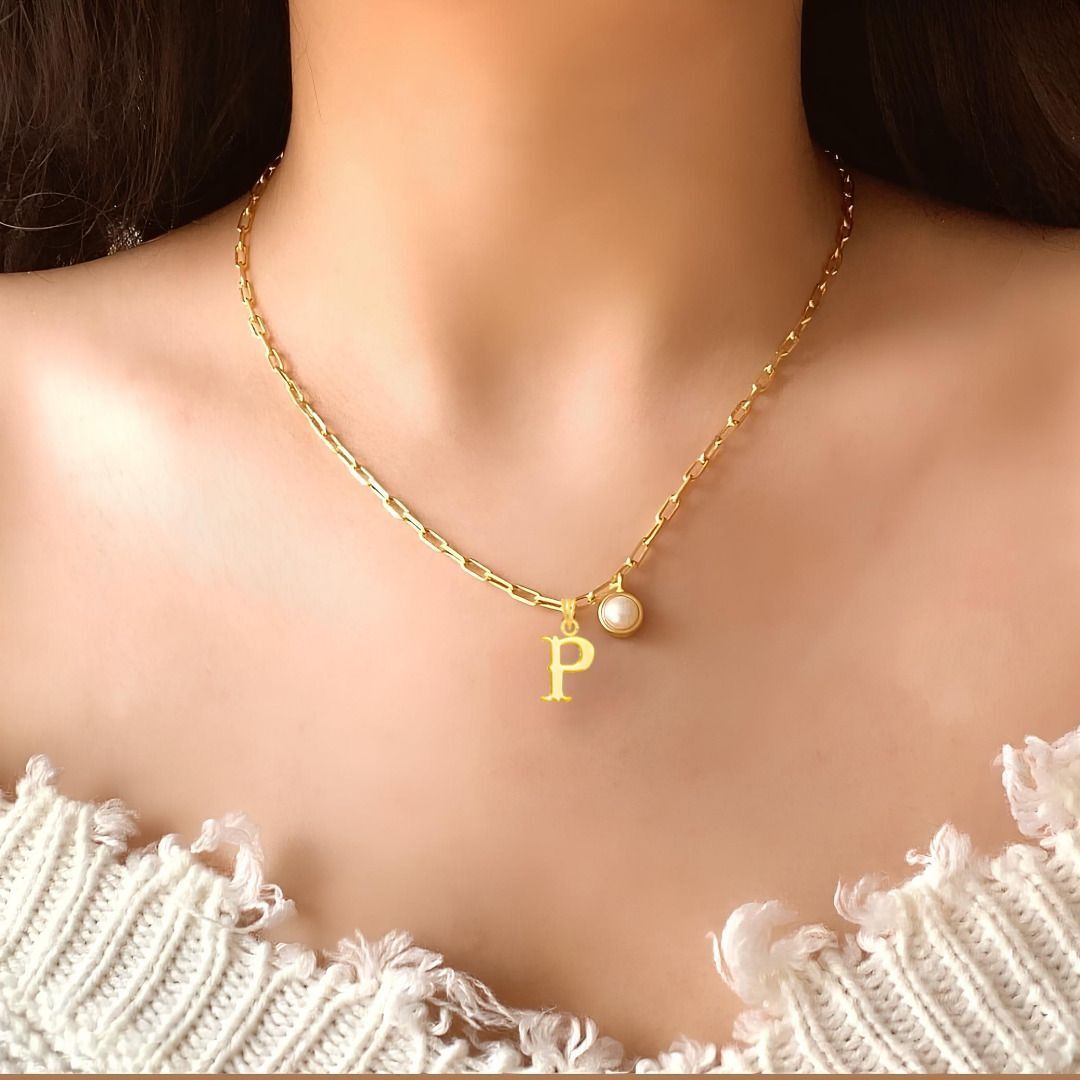 Elegant Gold Link Necklace with Custom Initial "P" and Lustrous Pearl Pendant Gold-plated Brass Locket-image-27