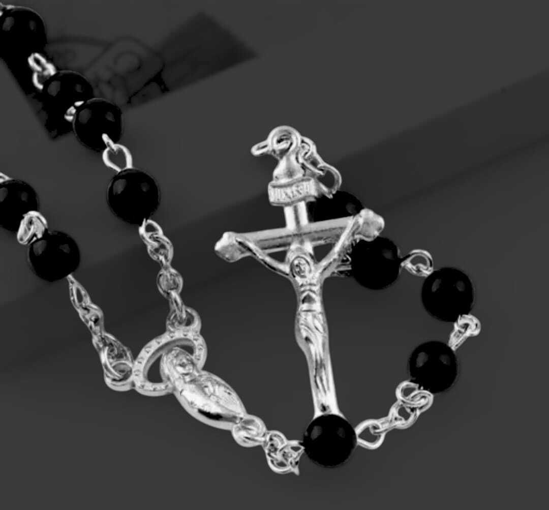 Silver-Plated Jesus Cross Pendant Mala with Black Beads for Men, Women Silver Alloy, Stainless Steel Pendant-image-35
