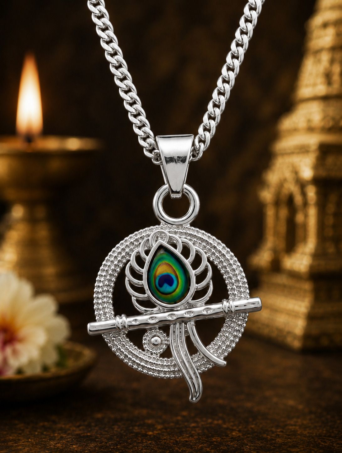 Sterling Silver Krishna Peacock Feather Pendant with Chain Necklace Opal Sterling Silver Pendant-image-38