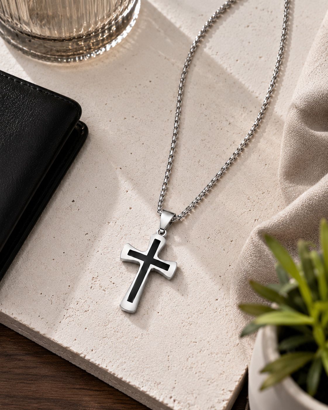 vien Premium Cross Pendant Box Chain Necklace Stainless Steel Silver 1 Piece Silver Onyx Stainless Steel, Silver Pendant Set-picture-2