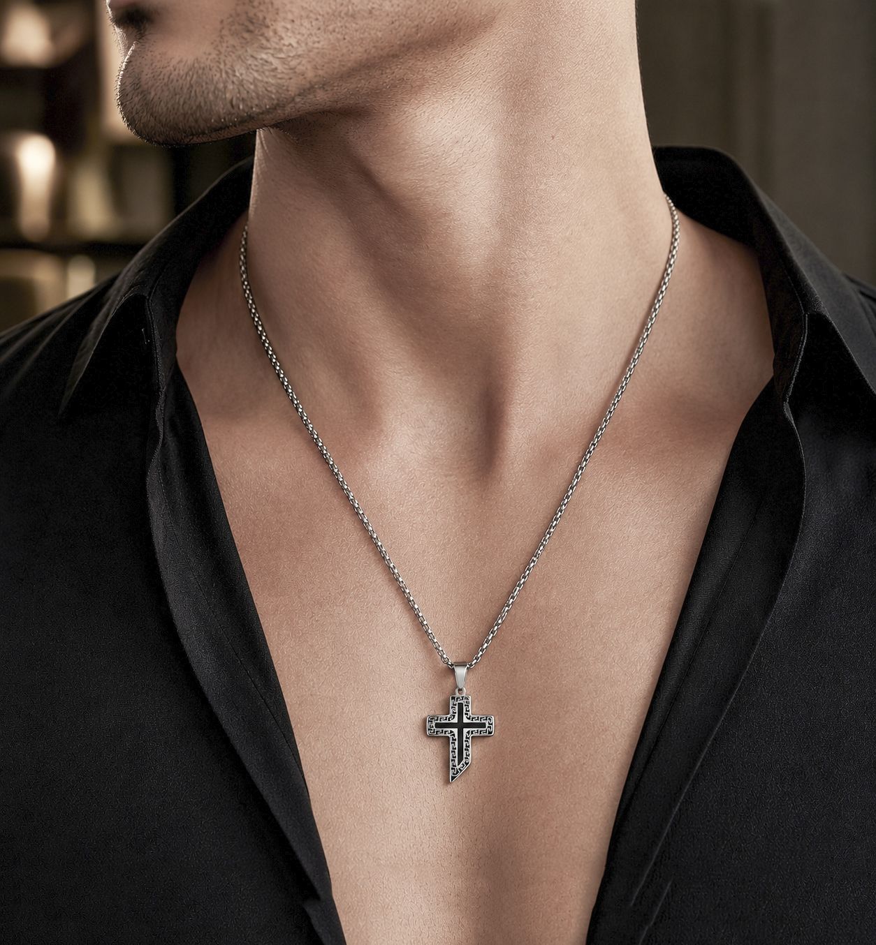 Designer Men's Stainless Steel Cross Pendant Necklace with Silver Box Chain Onyx Stainless Steel Pendant-image-5