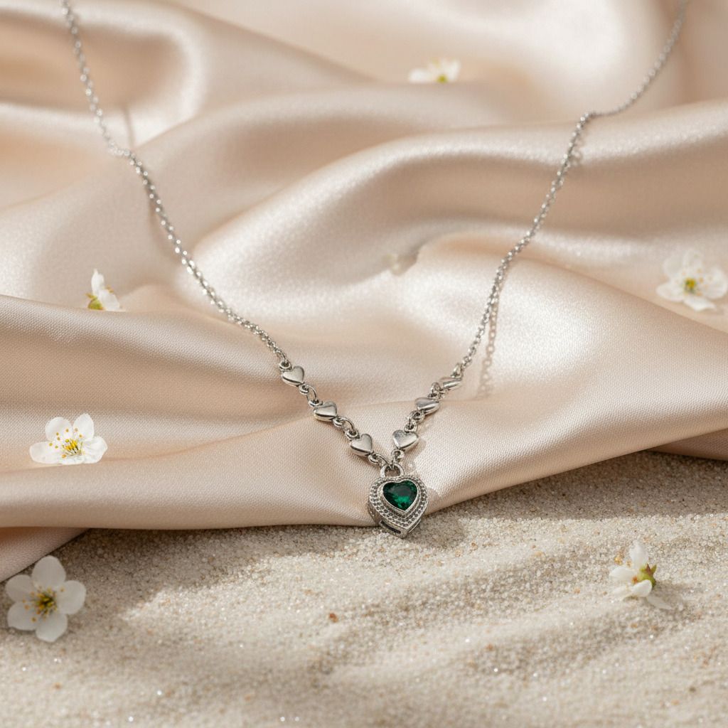 Designer Green Heart Charm Necklace for Daily Wear Look Silver Stainless Steel Pendant Set-image-11
