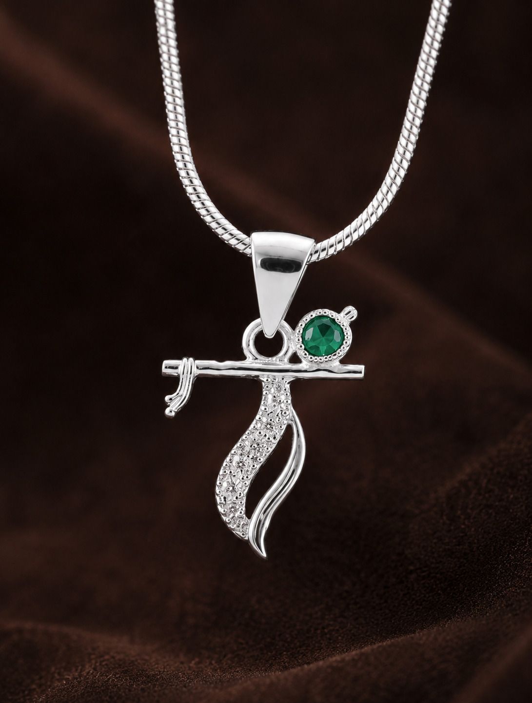 trivault Silver Krishna Flute Pendant with Green Stone & CZ Diamond Design Chain Opal Sterling Silver Pendant-picture-20