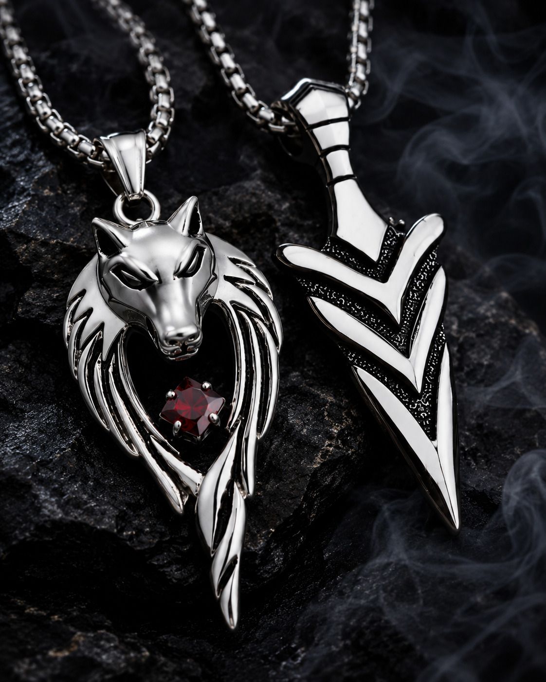 stylzoo Wolf & Arrow Pendant Set for Men | Wolf Pendant with Red Stone and Arrow Stainless Steel-picture-12