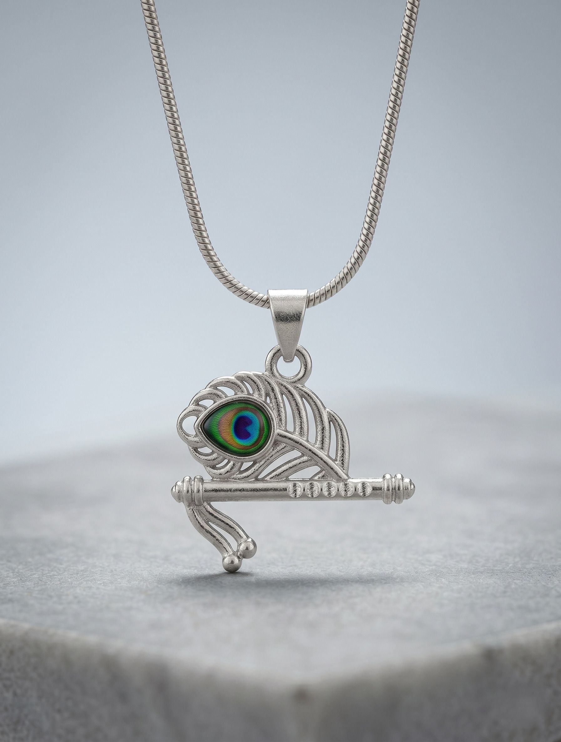 Silver Krishna Flute Pendant Necklace with Peacock Feather Design Chain Opal Sterling Silver Pendant-image-25
