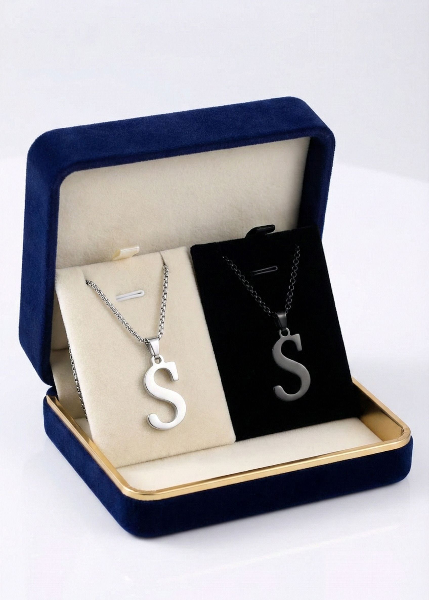 Stylish Alphabet S Letter Pendant Chain for Men & Women | Black & Silver Rhodium Alloy Locket Set-image-14