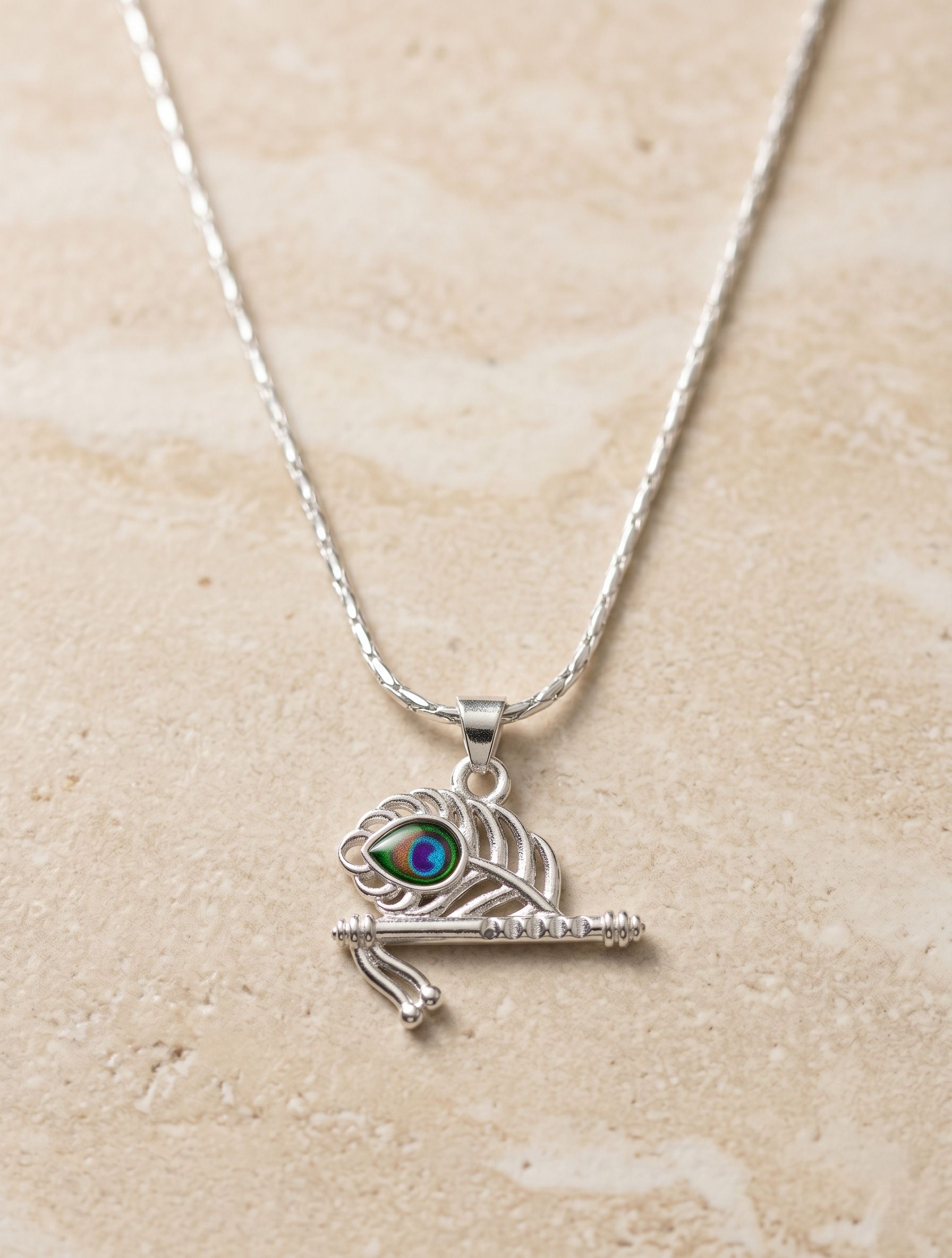 Silver Krishna Flute Pendant Necklace with Peacock Feather Design Chain Opal Sterling Silver Pendant-image-10