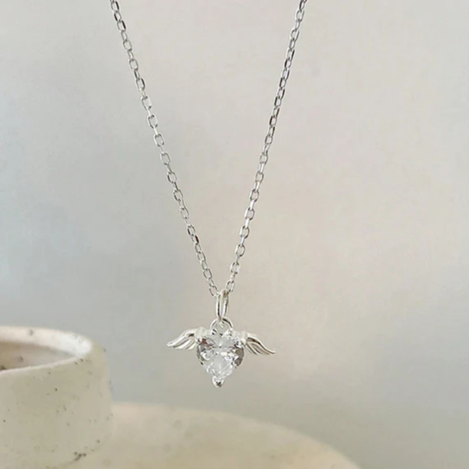 Hallmarked Silver Angel Heart Pendant With Link Chain Rhodium Silver Pendant Set