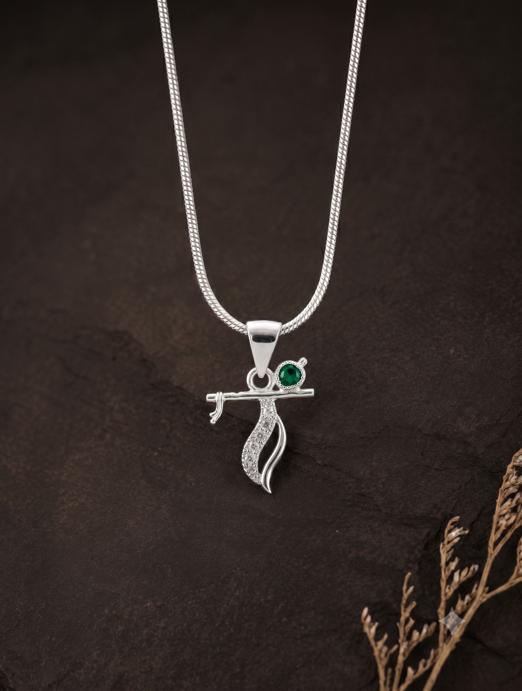 Silver Krishna Flute Pendant with Green Stone & CZ Diamond Design Chain Opal Sterling Silver Pendant-image-41