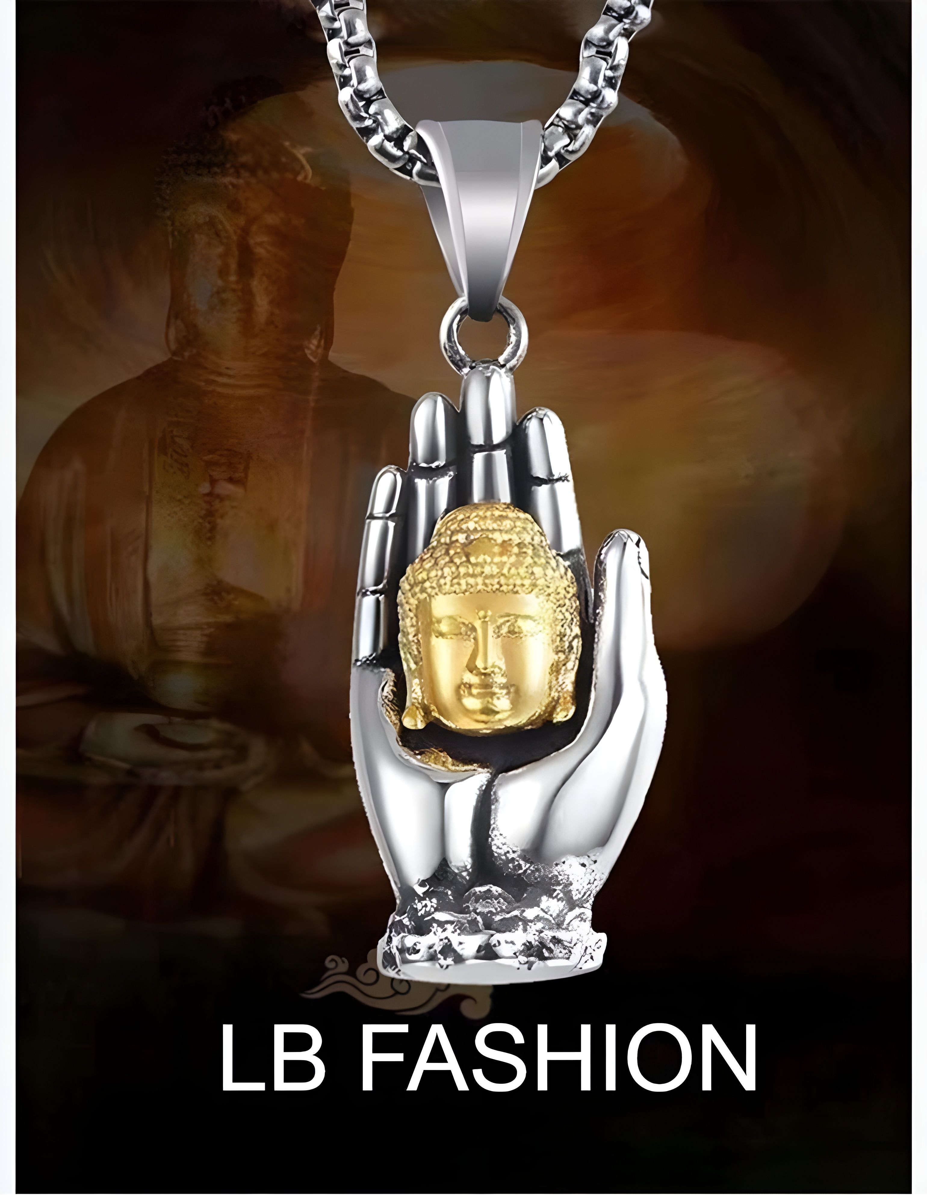 Buddha Head Hand Palm Peace Amulet Pendant Necklace Silver Stainless Steel Pendant-image-2