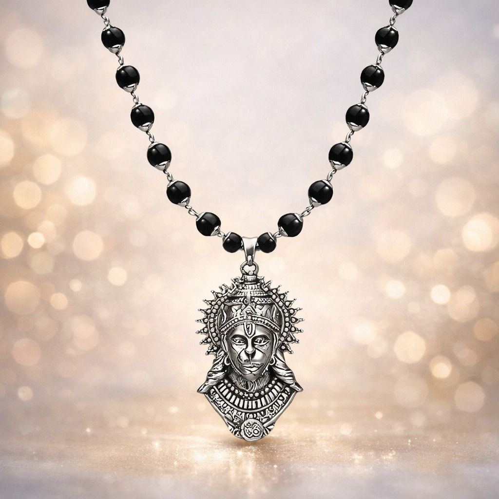 Original Karungali Mala with Silver Plated Hanuman Ji Pendant for Men 1 Pc Silver Beads Wood Pendant-image-48