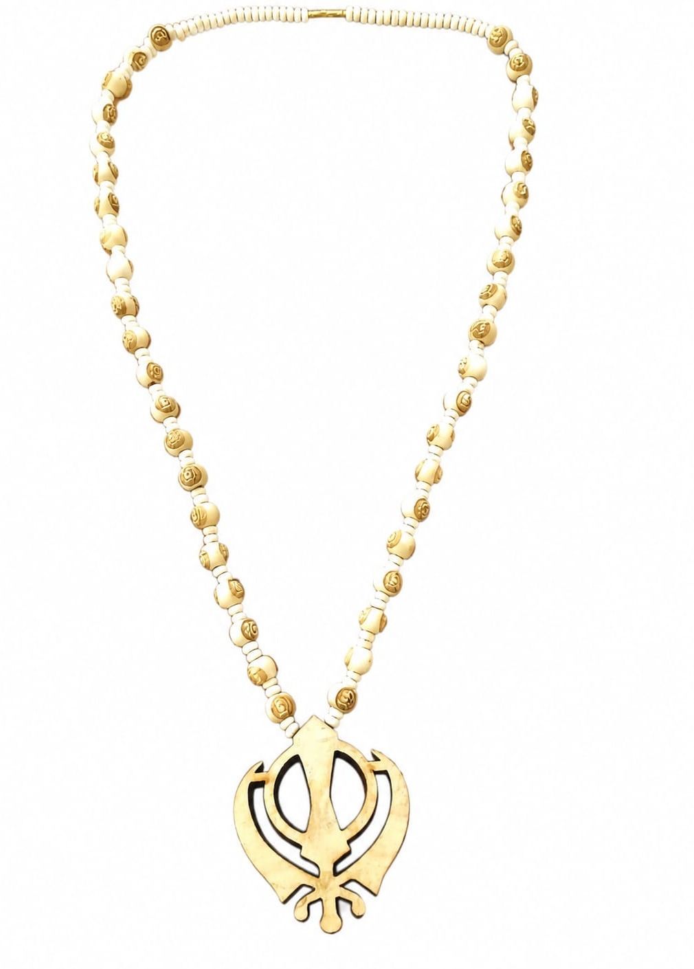 Idolsplace Sikh Khanda Pendant Necklace with Gold-Tone ek onkar engraved Beaded Beads Wood-image-3