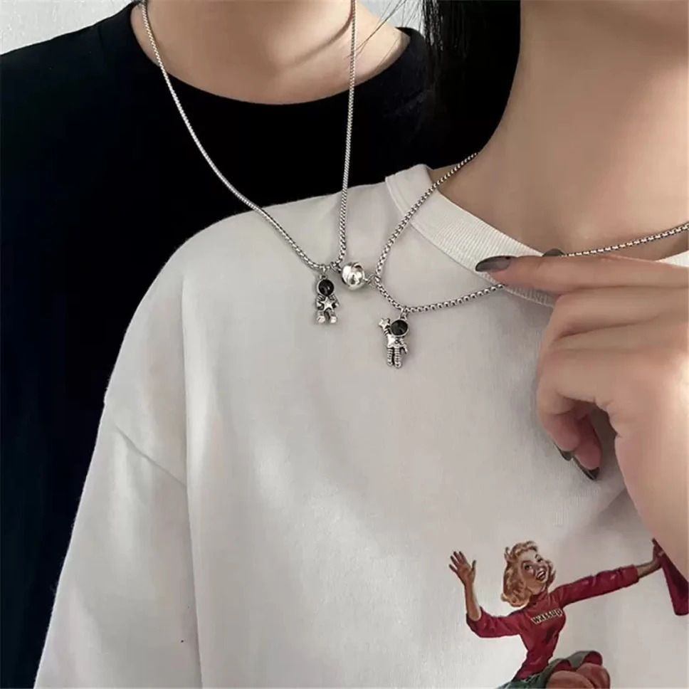 Valentine day Gift Astronaut Couple Pendant Magnet Attraction Couple Locket Cubic Zirconia Silver Plated Copper Necklace Set-image-22