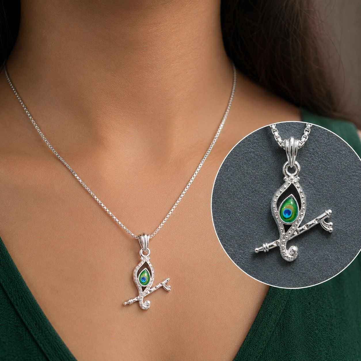 jay Silver Look Krishna Flute Pendant with Peacock Feather Chain Combo for Women 1 999 Silver Alloy Pendant-picture-1