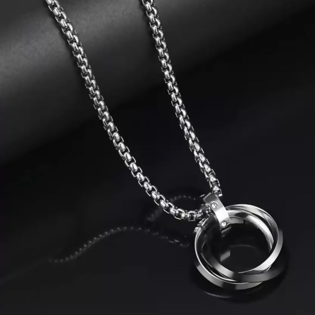 alvira 3 Circle Black Ring Pendant Locket with 24inch Stainless Steel Box Chain Rhodium, Silver Stainless Steel Locket-picture-22