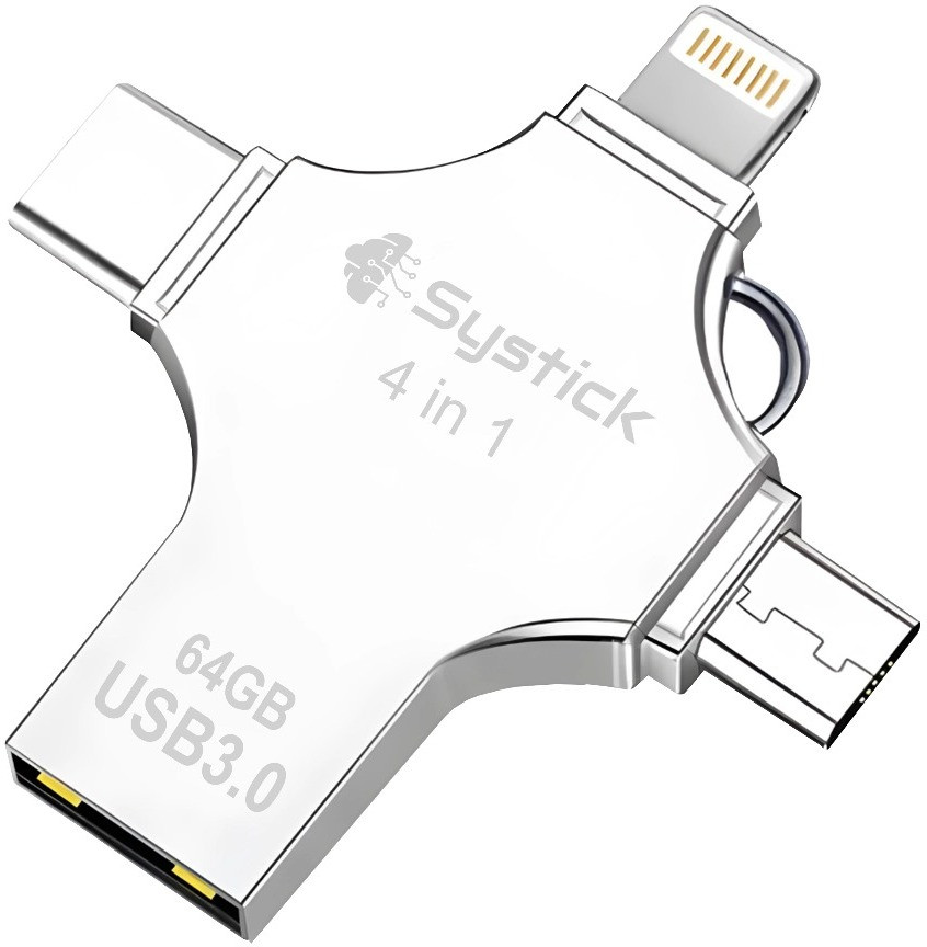 SYSTICK Flash Drive 64 GB 4 in 1 Pendrive with Light-ning, Micro USB, USB A, Type-C 64 GB Pen Drive Compatible with Audio Player, Desktop Computer, Laptop, Mobile, Television, Tablet, Netbook, Gaming Console USB 3.0 Metal Case image 1