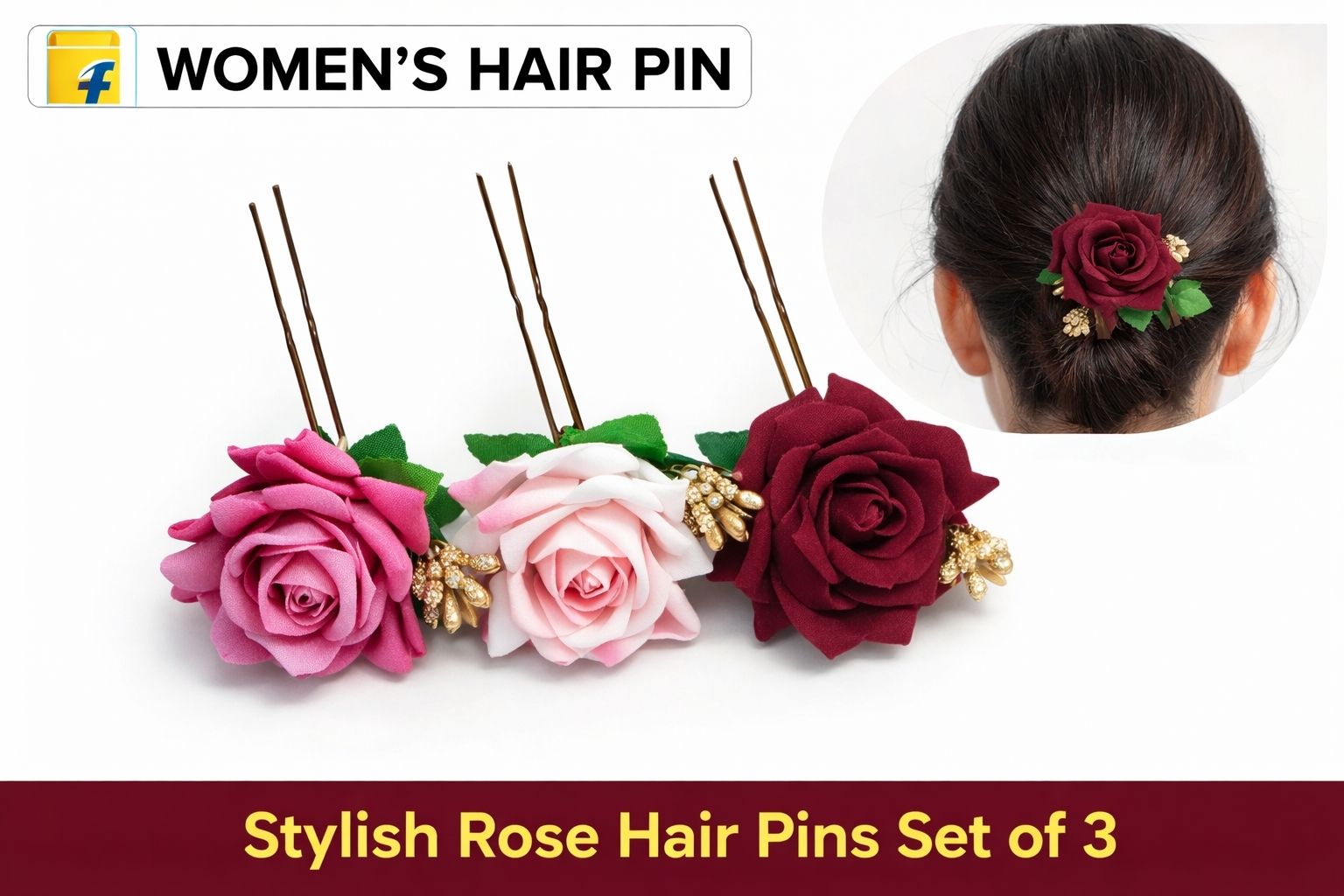 Dm Enterprise Stylish Rose Flower Hair Pins Set of 3 for Women & Girls Personal Care Appliance Combo-image-45