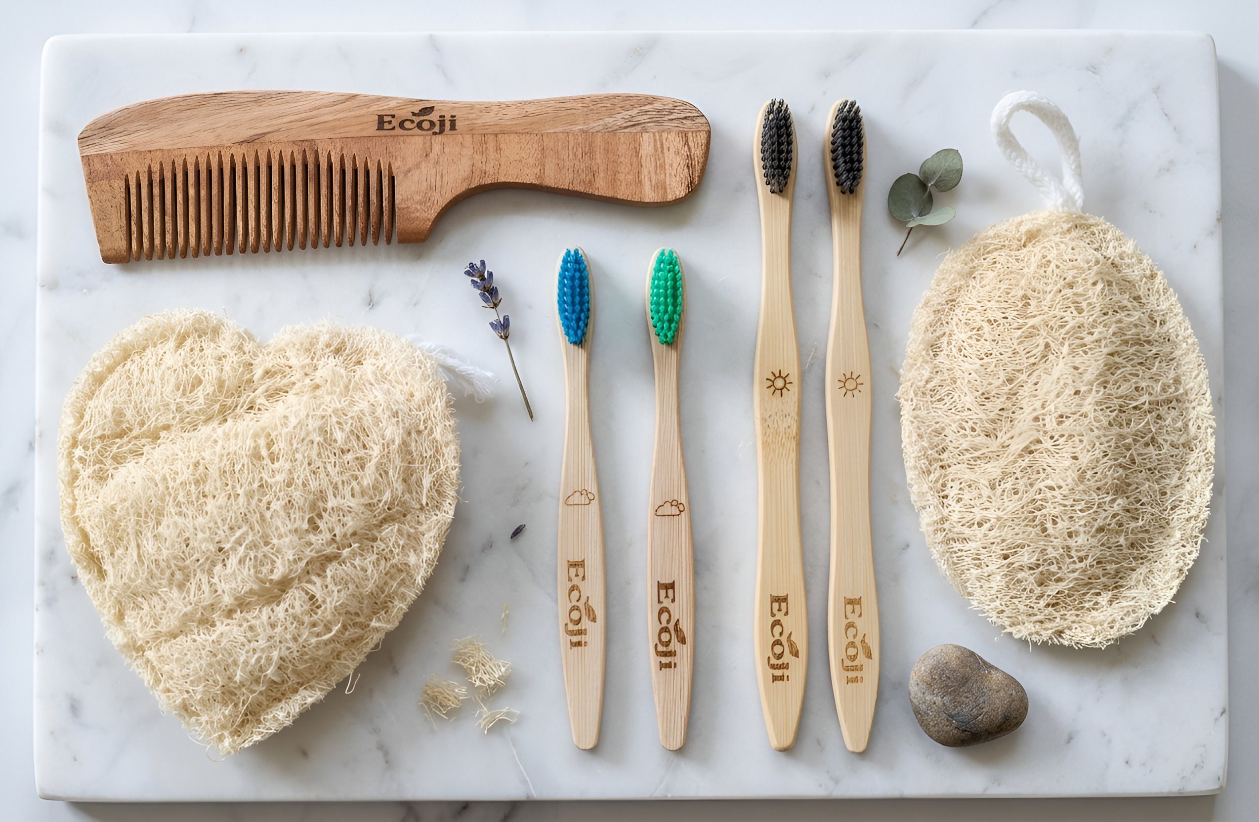 Ecoji Personal care combo set. Bamboo Toothbrush | Plant based Loofah | Neem Wood Comb Personal Care Appliance Combo-image-49