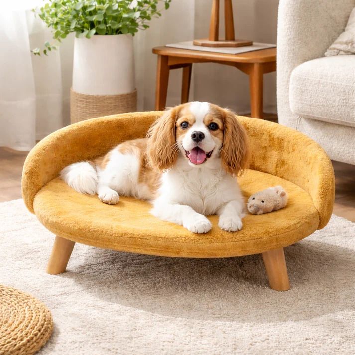 auralivin Luxe Soft Plush Pet Bed with Wooden Legs Sofa Design Medium 53×65×25 cm M Pet Bed-picture-0