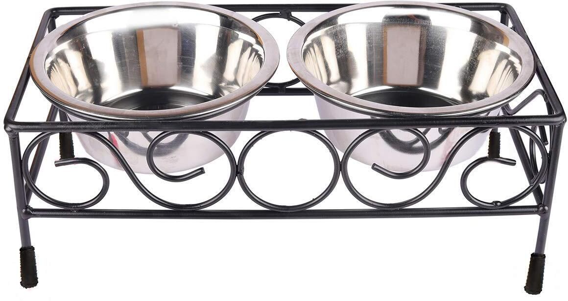naaz pet Wrought Iron Dog Bowl Stand Collection Rustic Square Elevated shape Diner for Dogs and Cats Stainless Steel Food and Water Bowls With Iron Stand.Style Pet Feeder for Dog Cat, Stainless Steel Food and Water Bowls large Size(1600 ML X 2 Bowl) Suitable For Cats Kittens And large Dogs front design large black Round Stainless Steel Pet Bowl-picture-15