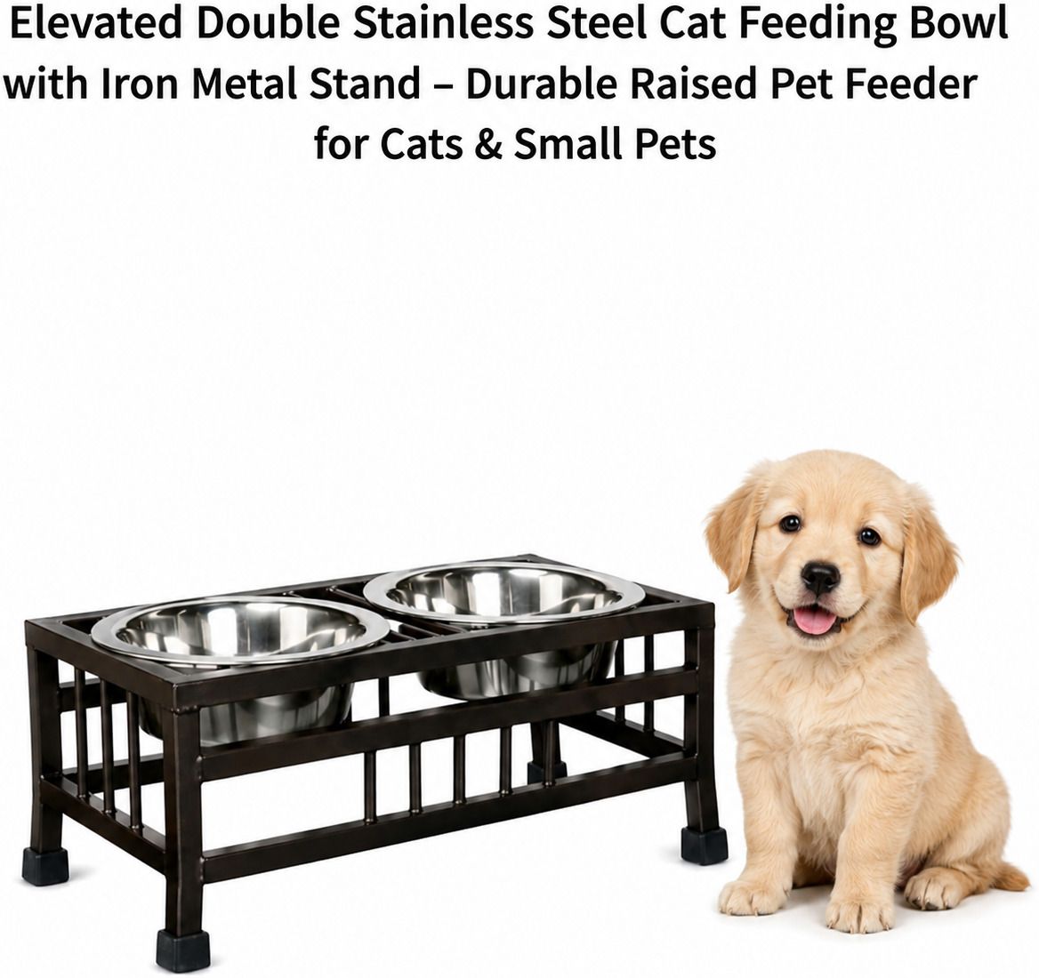 Small Pet Food & Water Bowl Set | Stainless Steel Double Bowls with Iron Stand Iron, Steel Pet Bowl-image-29