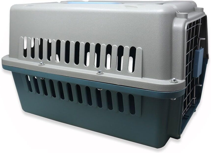 petfur Handle Hinged Door Folding Collapsible Crate Portable Pet Travel Carrier Cage Grey, Blue Pet Crate-picture-12