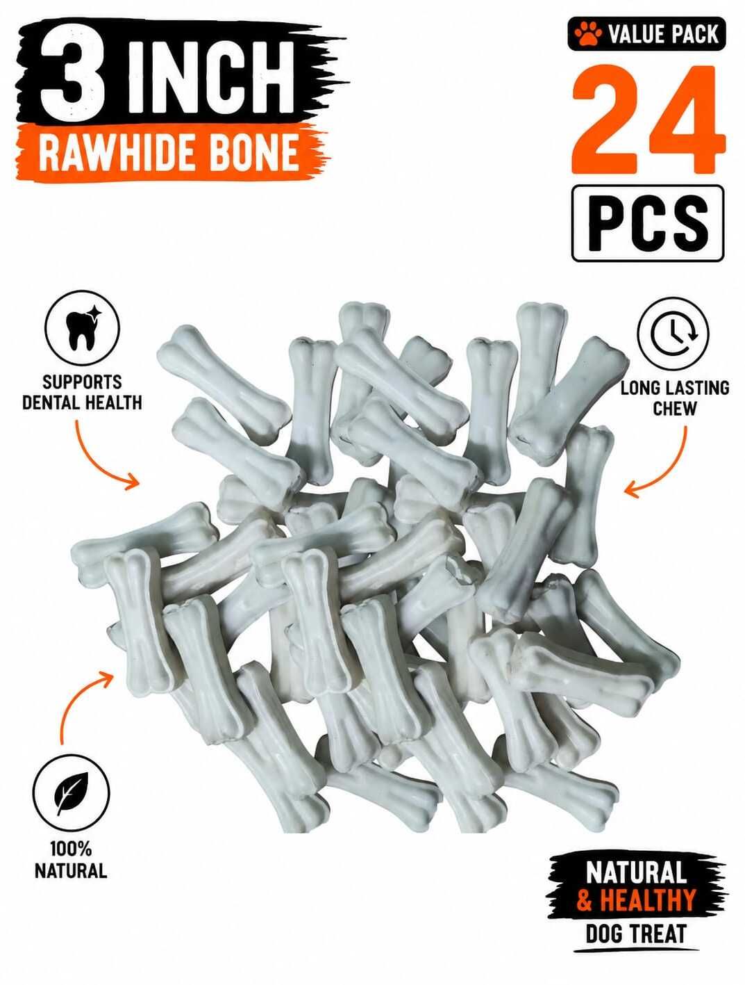 3 inch Rawhide Dog Bone Pack of 24 | Natural Dog Chew Treat for Small Dogs Chicken Dog Chew-image-18