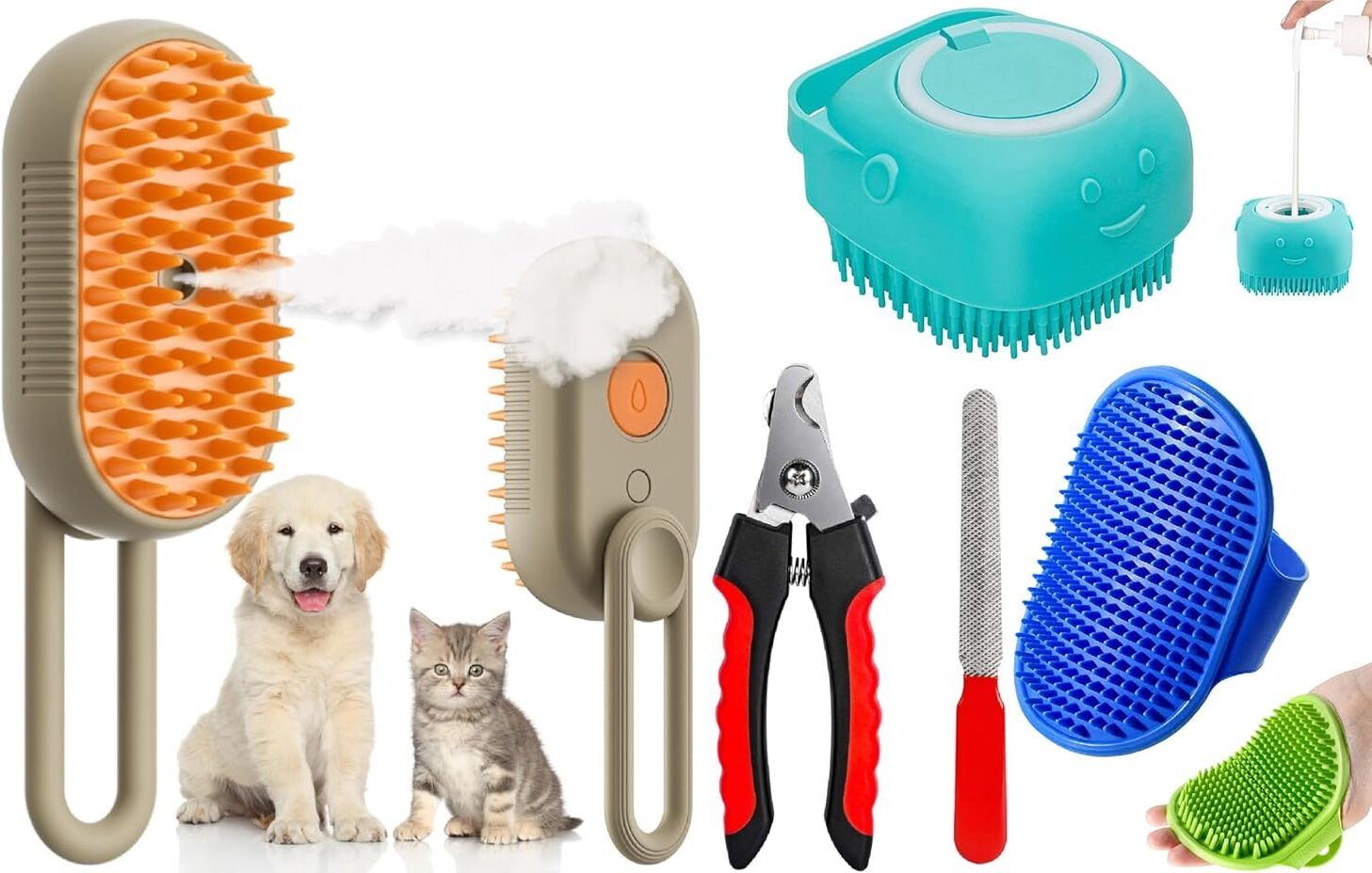 5IN1 Pet Grooming Kit Combo STEAM Brush NAIL CLIPPER Shampoo Dispenser Bath Set Slicker Brushes for Dog & Cat, Dog, Cat-image-48