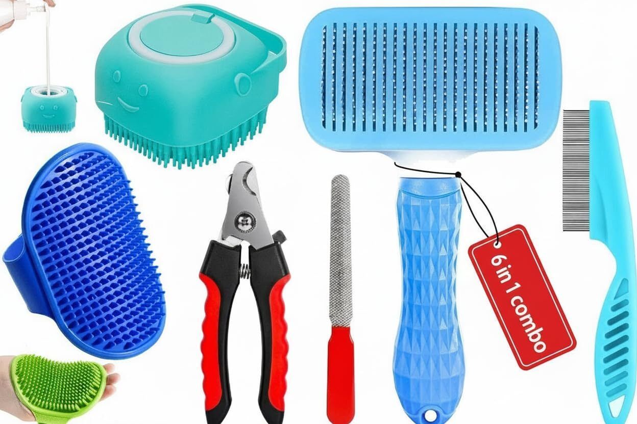 6in1 Pet Grooming Kit Combo Brush Nail Clip Shampoo Dispenser Bath Comb Set Slicker Brushes for Dog & Cat, Dog, Cat-image-8