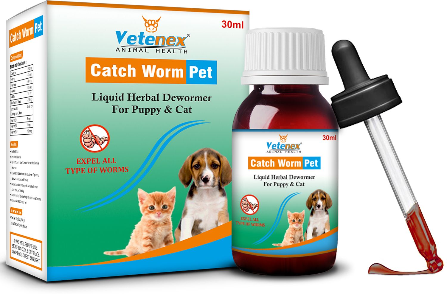 Catch Worm Pet - Herbal Dewormer For Puppy and Cats - 30 ML Pet Dewormer