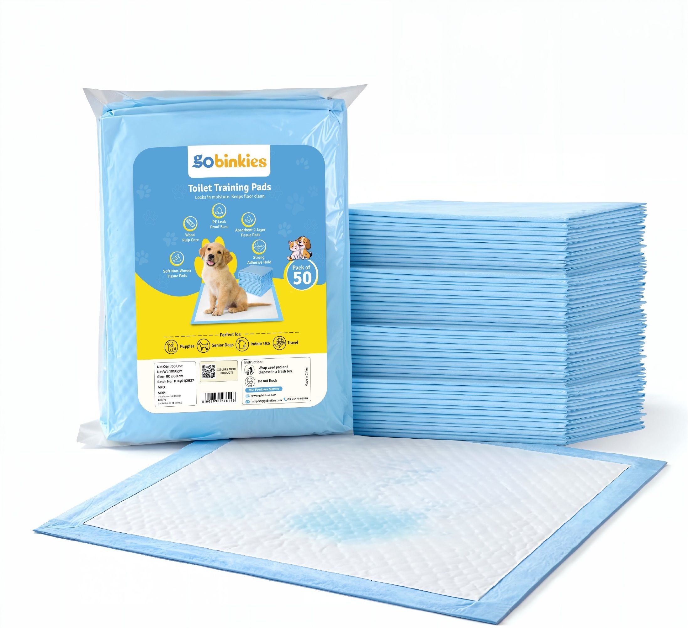 gobinkies Pet Pee Pads, Large, 50 Pads, 60x60 cm, 5 Layer, Leak-Proof, Quick Dry Disposable Dog & Cat Diapers-picture-38
