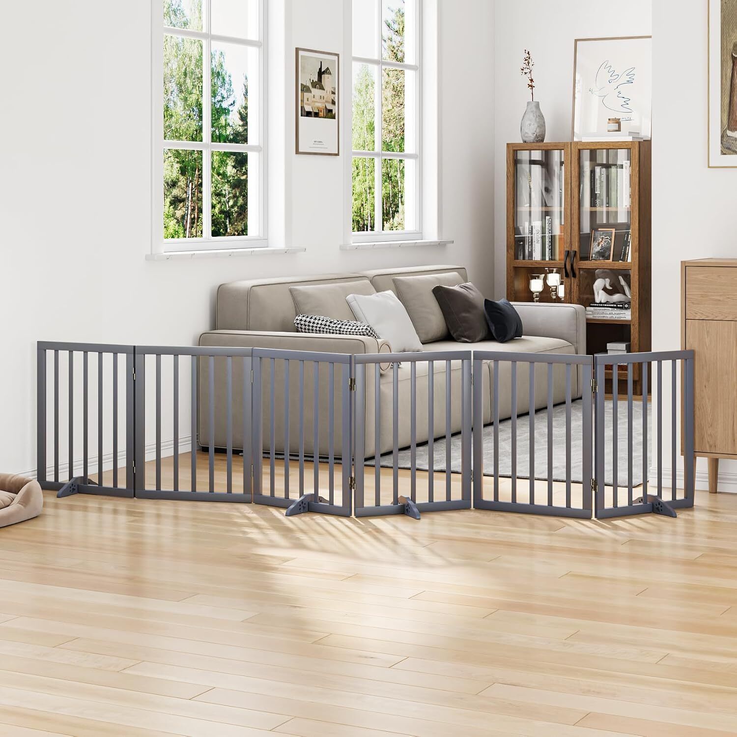 menify Freestanding Wooden Pet Gate, Baby Safety Gate 6 Panel, Indoor Dog Barrier S Gate-picture-23