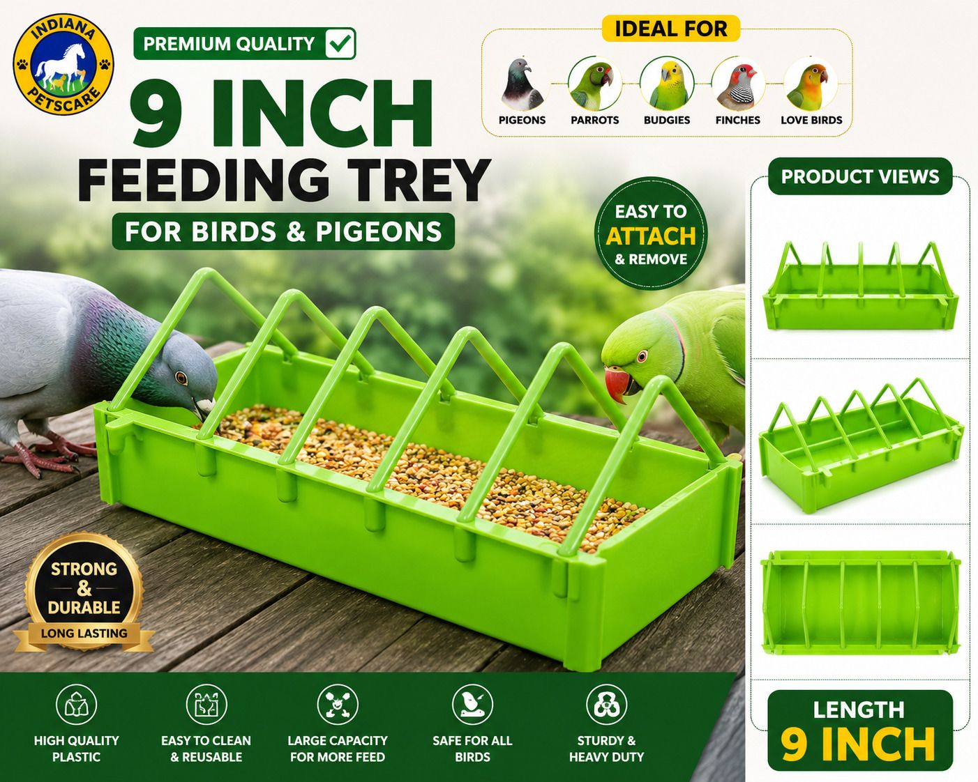 indiana petscare GREEN 9 Inch Bird Feeding Tray Premium Plastic Cage Feeder for Pigeons, Parrots, Pet Food Dispenser-picture-11