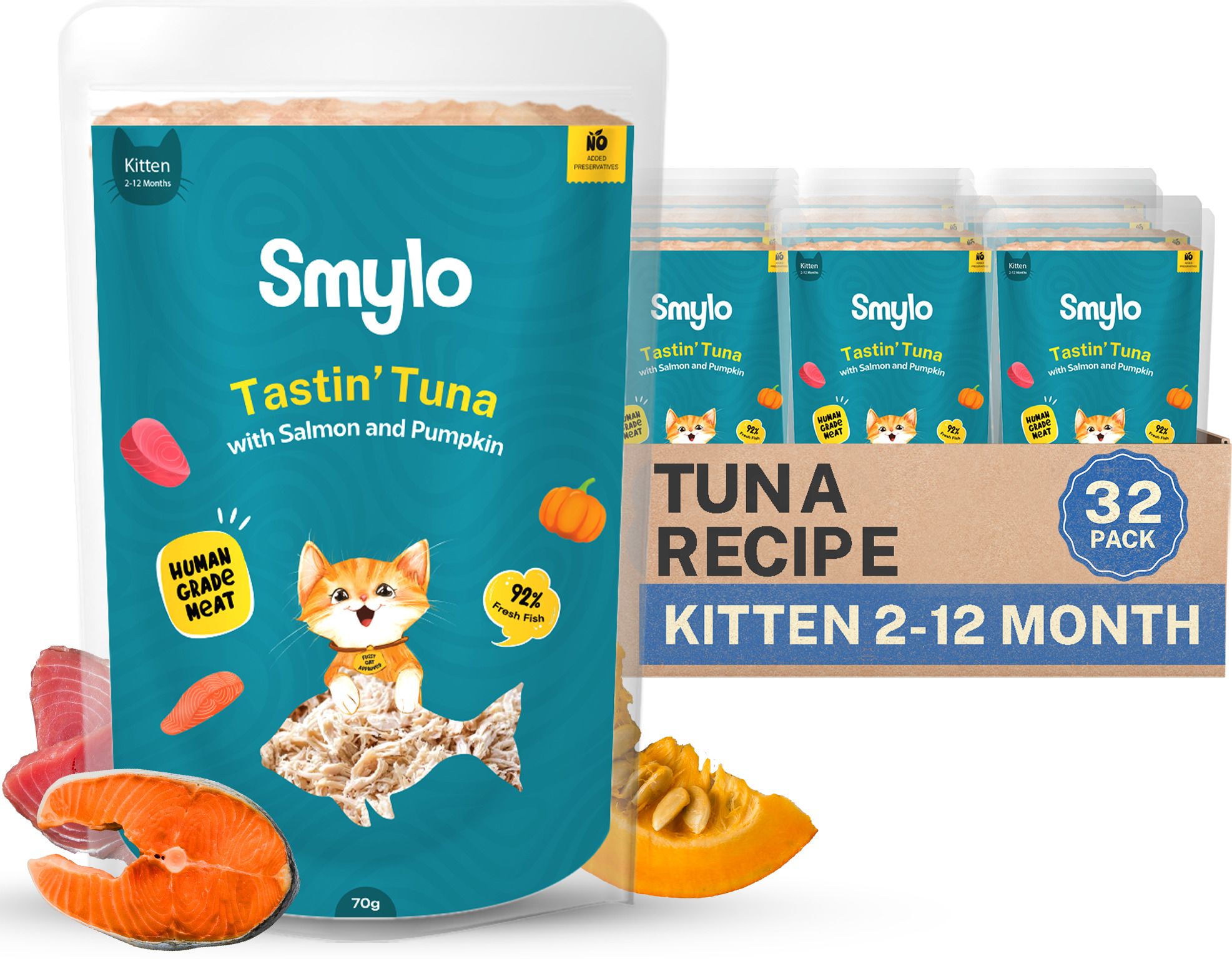 smylo Natural Healthy Wet Kitten Food (2-12 Months) Tuna, Salmon 2.24 kg (32x0.07 kg) Wet Young Cat Food-picture-14