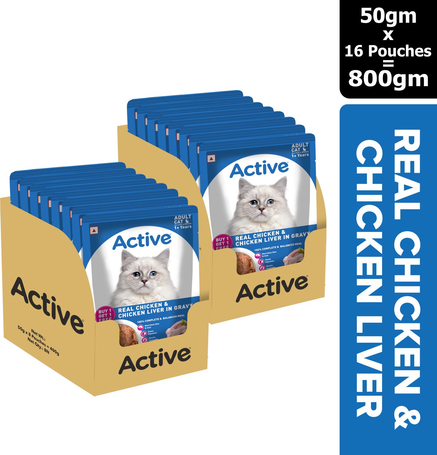Twin pack (50g x 16) 16 Pouches in Gravy, Real Chicken 0.8 kg (16x0.05 kg) Wet Adult Cat Food