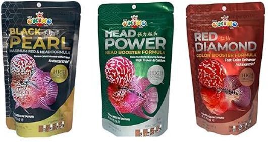 Okiko Flowerhorn fish food (Black Pearl+Head Power + Red Diamond) L Size Pellets Fish 0.3 kg Dry All Life Stages Fish Food-image-48