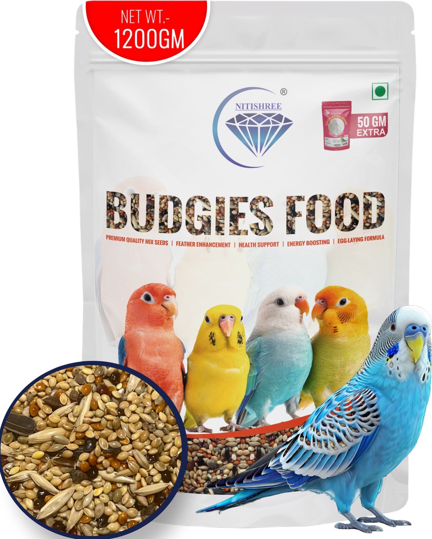 nitishree Premium Budgies Mix Seeds - 1200g with Calciul–50g Healthy Bird Food for Budgies Nuts 1.21 kg Dry New Born, Adult, Young, Senior Bird Food-picture-27