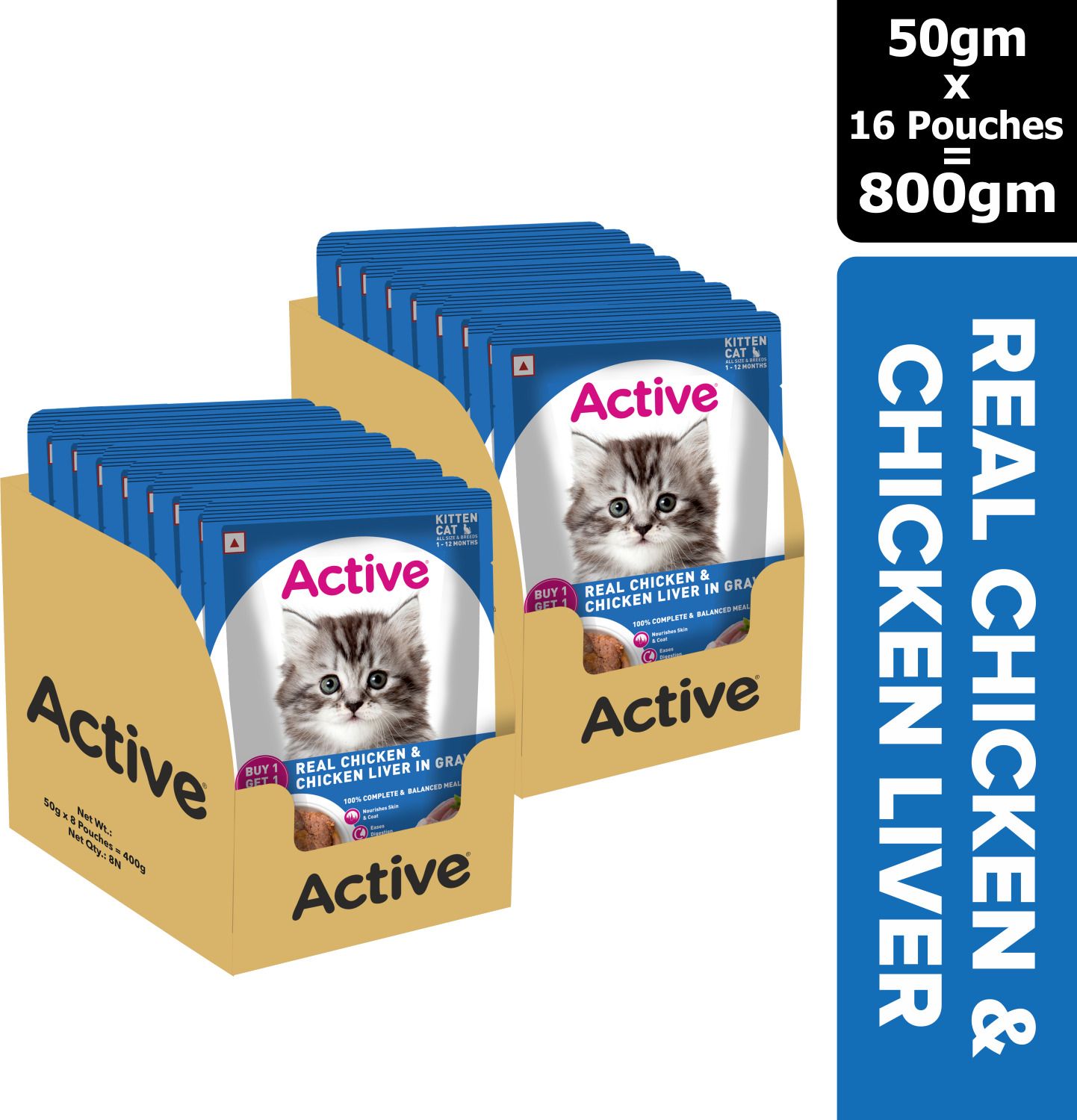 Twin pack (50g x 16) 16 Pouches in Gravy, Real Chicken 800 g (16x50 g) Wet Young Cat Food