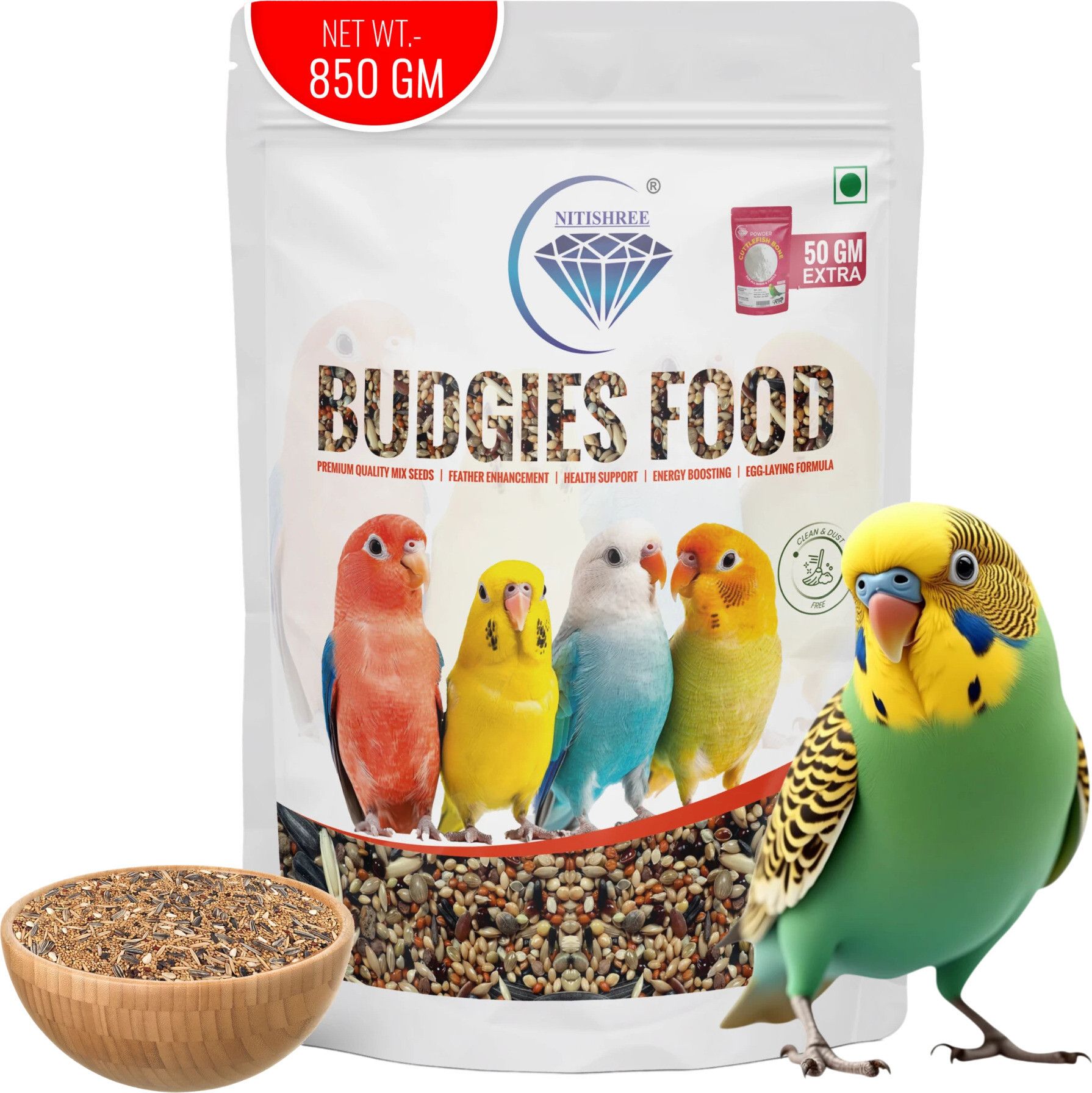 nitishree Premium Budgie Seed Mix with 50g Cattle Bone Powder Bird Food for Healthy Growth Nuts 0.85 kg Dry New Born, Adult, Young, Senior Bird Food-picture-20