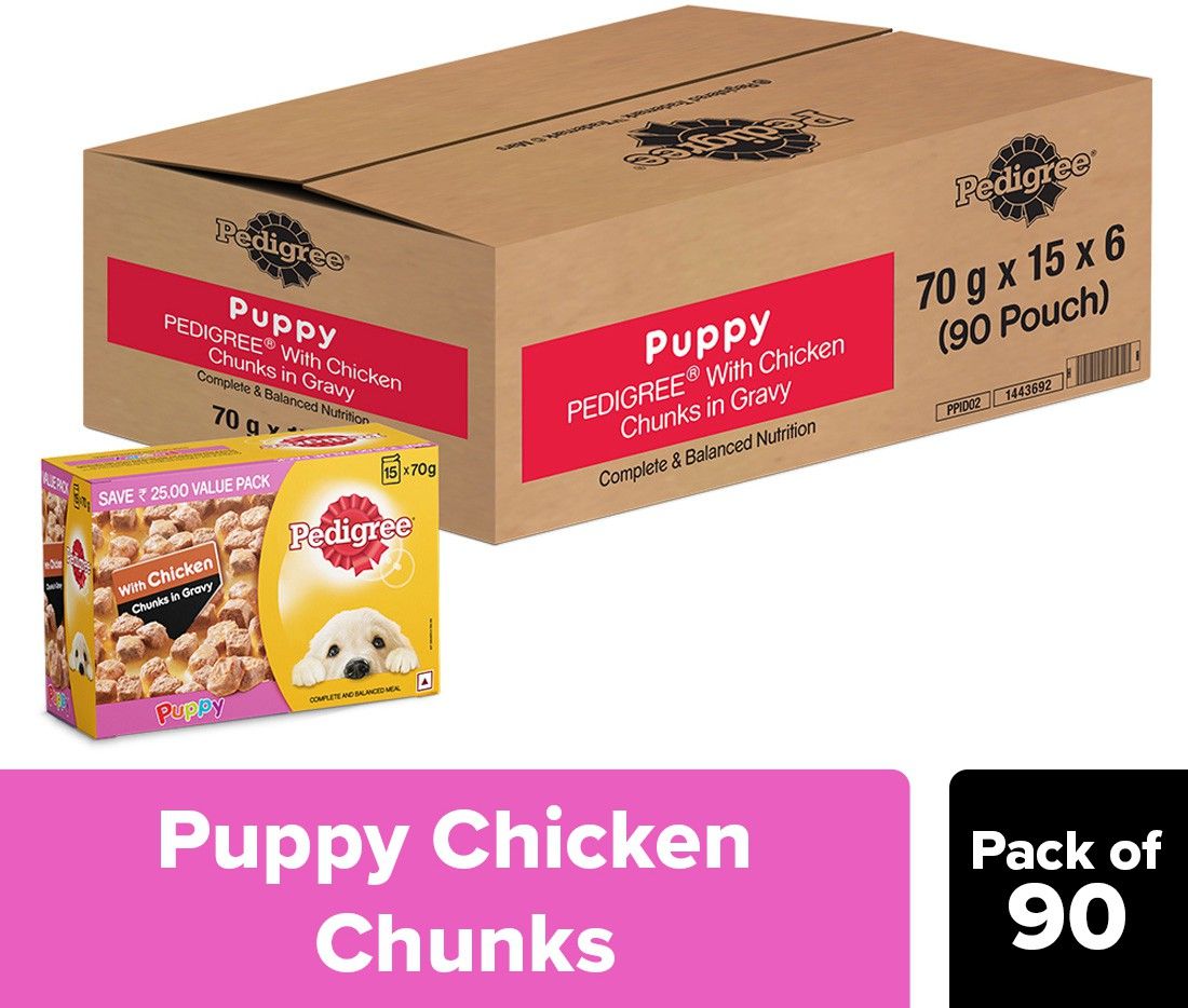 Puppy , Chicken Chunks in Gravy, (Pack of 90) Chicken 6.3 kg Wet Young Dog Food-image-39