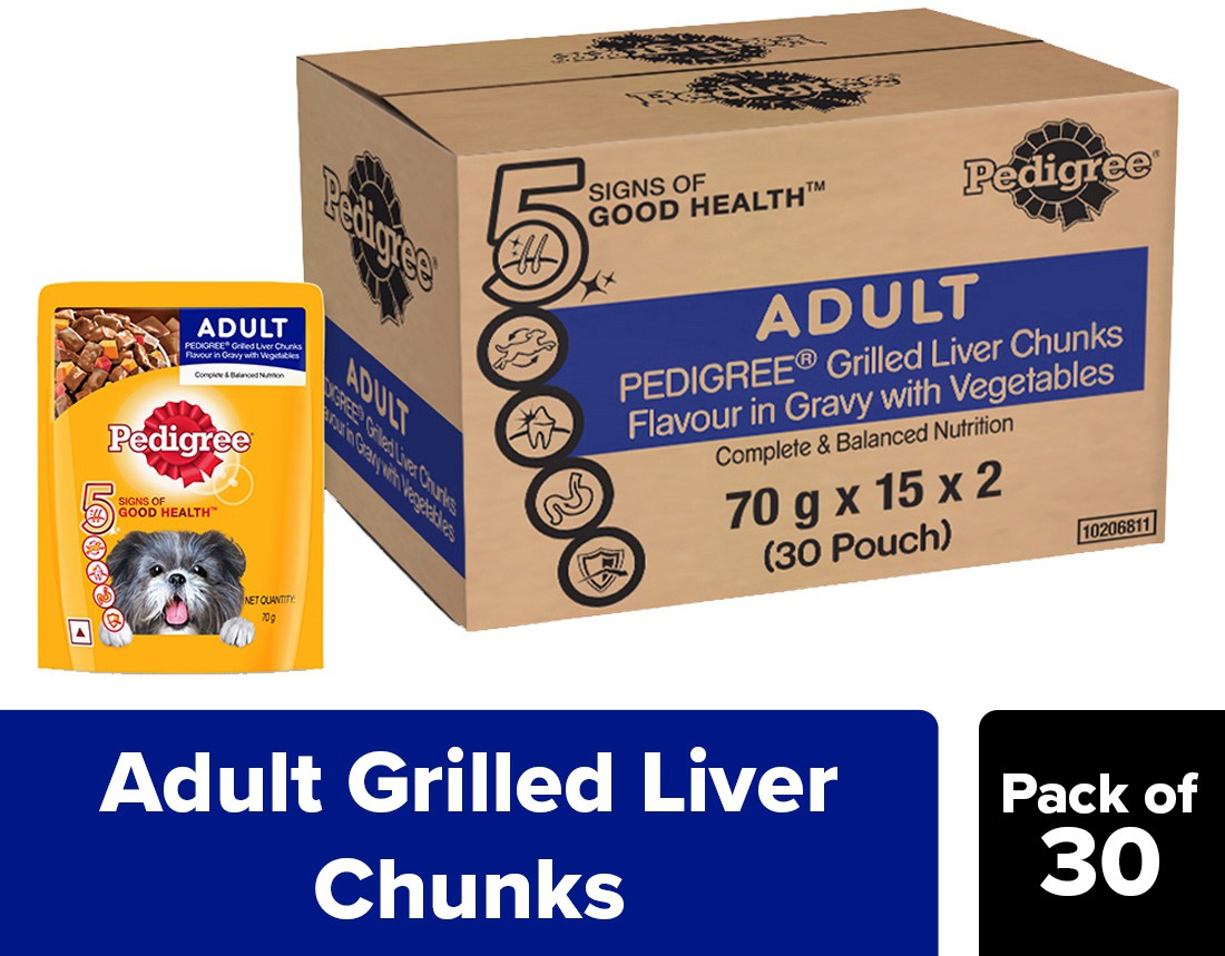 Pedigree Adult Wet Dog Food Grilled Liver Chunks Flavour in Gravy with Vegetables (Pack of 30)