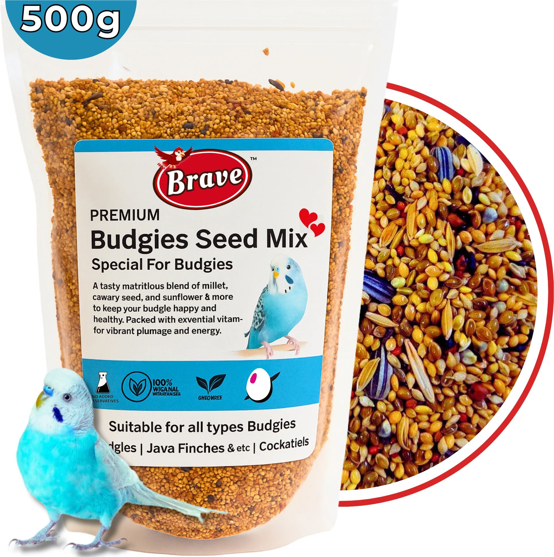 brave Premium Budgie Birds Food Seed Mix 500g | Special for Budgies and LoveBirds Nuts 0.5 kg Dry Young, Adult, New Born Bird Food-picture-0