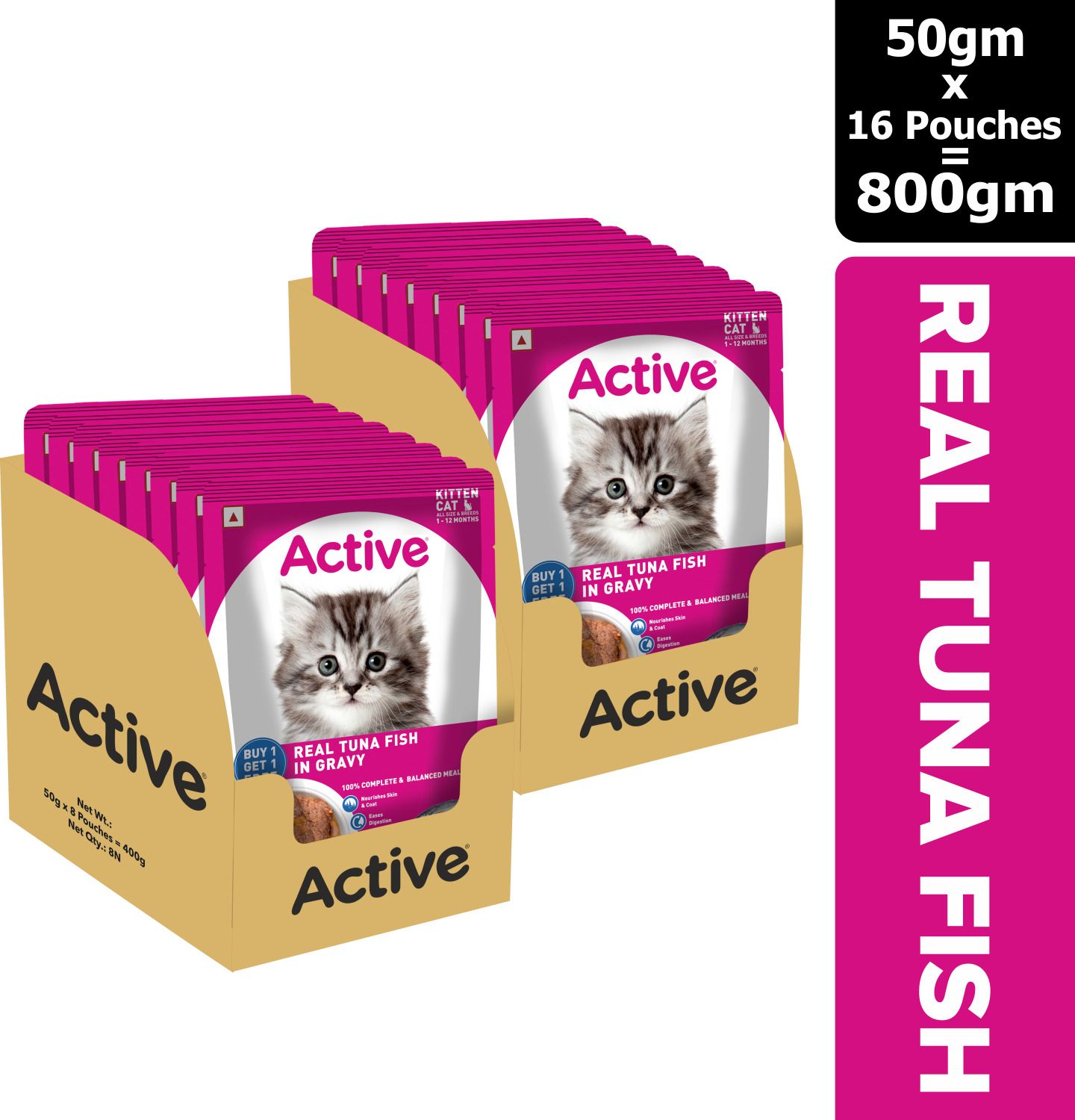 Twin pack (50g x 16) 16 Pouches in Gravy, Real Tuna 800 g (16x50 g) Wet Young Cat Food