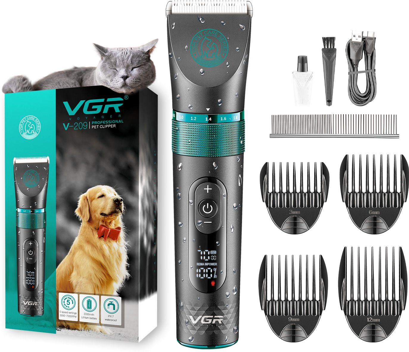 vgr V-209 Professional Pet Clipper, Fully Waterproof,Digital Display, 200min Runtime Black Pet Hair Trimmer-picture-11